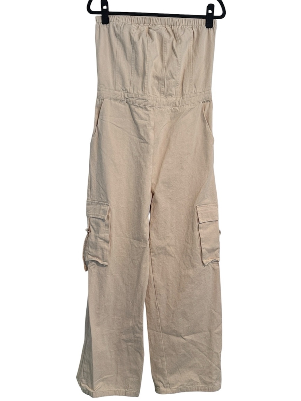 Audrey Parks for Francesca’s Beige Strapless Wide Leg Cargo Jumpsuit